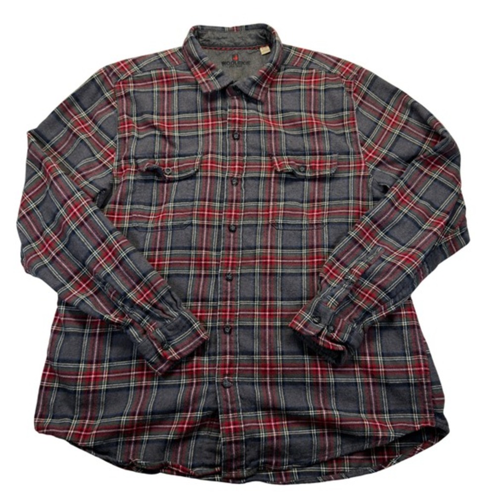 Woolrich Mens XL Flannel Shirt Gray Red Plaid Cotton Button Down Pockets - Picture 2 of 8